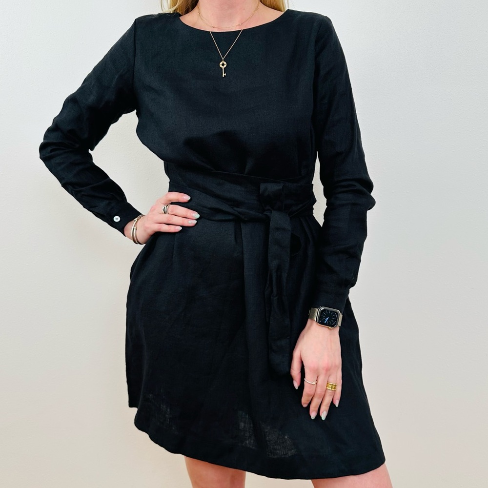 Nich Linen Elegant Black Linen Crew Neck Cuffed Long Sleeves Wrap Mini Dress